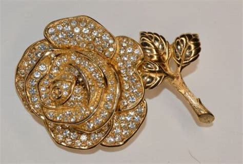 christian dior signed goldtone with rhinestones rose brooch|VTG Signed CHRISTIAN DIOR Gold tone Paved Crystals ROSE .